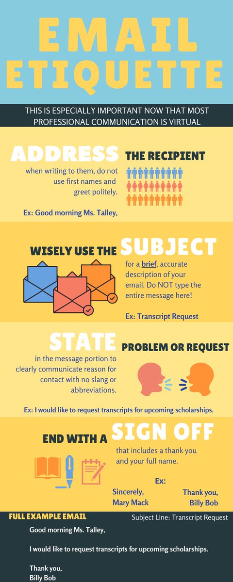 RHSCollegeAdv's tweet photo. Students will be communicating SO much through email now that we are officially doing school virtually. This is the perfect time to start practicing email etiquette! 

Feel free to share this quick guide to crafting professional emails #MsTalleyGotYou https://t.co/1hNU3AJeiz
