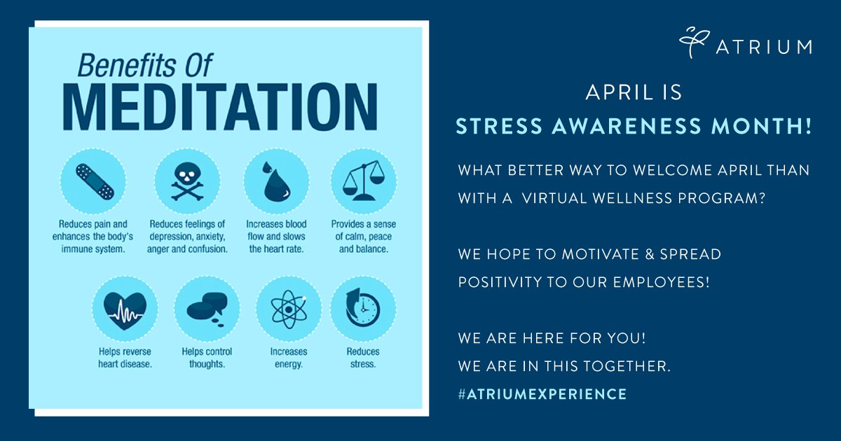 AtriumStaffing's tweet photo. Kicking off #StressAwarenessMonth with the launch of our #VirtualWellnessProgram. Starting today, employees can participate in a much needed guided meditation session by an inspiring Atrium employee.
#AtriumExperience #EmployeeExperience #MentalHealth #StressAwareness https://t.co/EBfOf9mSVt