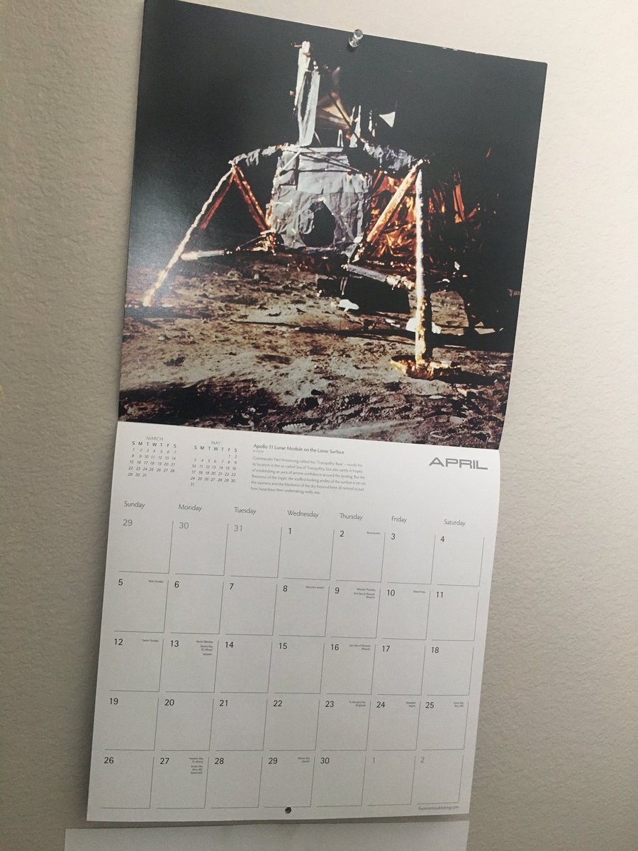 MicheleHelmink's tweet image. I rather like April’s photo on our lunar landings calendar 😎!! Still so hard to believe *that* made it on the moon. Looks like it’s made from aluminium foil 🤷🏻♀️ #lunarmodule #Apollo11 #spacethoughts