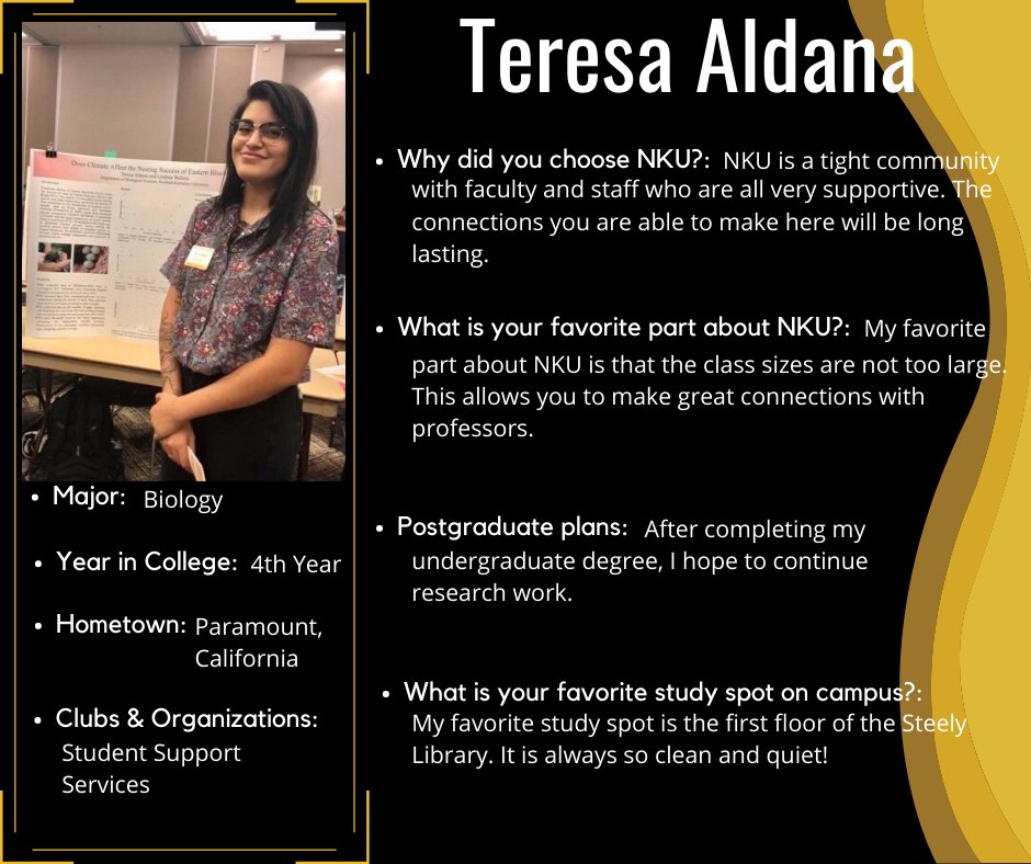 NKUArtSci's tweet photo. We are continuing our CAS Student Spotlight!

Teresa Aldana is in her 4th year here at NKU! Learn more about Teresa and why she loves NKU!

#NKU #CAS #ArtsandSciences #CASstudentspotlights #nkubiology #biologymajor #biology https://t.co/V8vmJUsggj