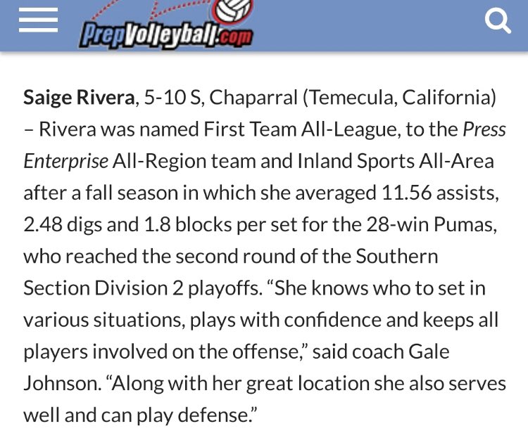 Congrats 16UA Red and CHS setter <a href="/SaigeRivera/">Saige Rivera</a> on being recognized by <a href="/PrepVolleyball/">PrepVolleyball.com</a> as an Elite Honorable Mention for the 2019 Soph 79 List of top HS players in the country‼️Swipe ➡️for a hello from Saige!
