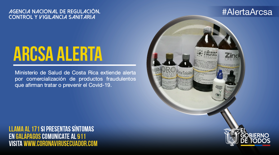 Arcsa_Ec's tweet photo. #AlertaArcsa | @msaludcr comparte alerta sobre productos fraudulentos que prometen "tratar o prevenir el #Covid_19", que se comercializan en redes sociales de ese país y también se ofrecen en #Ecuador. 🇪🇨🇨🇷 

Conozca más en el link ➡️ https://t.co/F5rpaZ9340 https://t.co/J9bCSCQWjx
