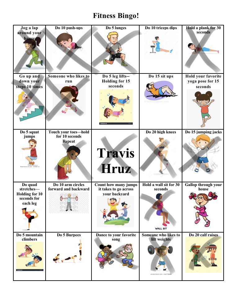 HruzTravisPE's tweet photo. Bingo!! Try to reply with what you all did using the last one!
#WorkoutWednesday #FitnessMotivation #PHED135 #HPEatHome #AdvocateForPE https://t.co/YJrXGhrC1d