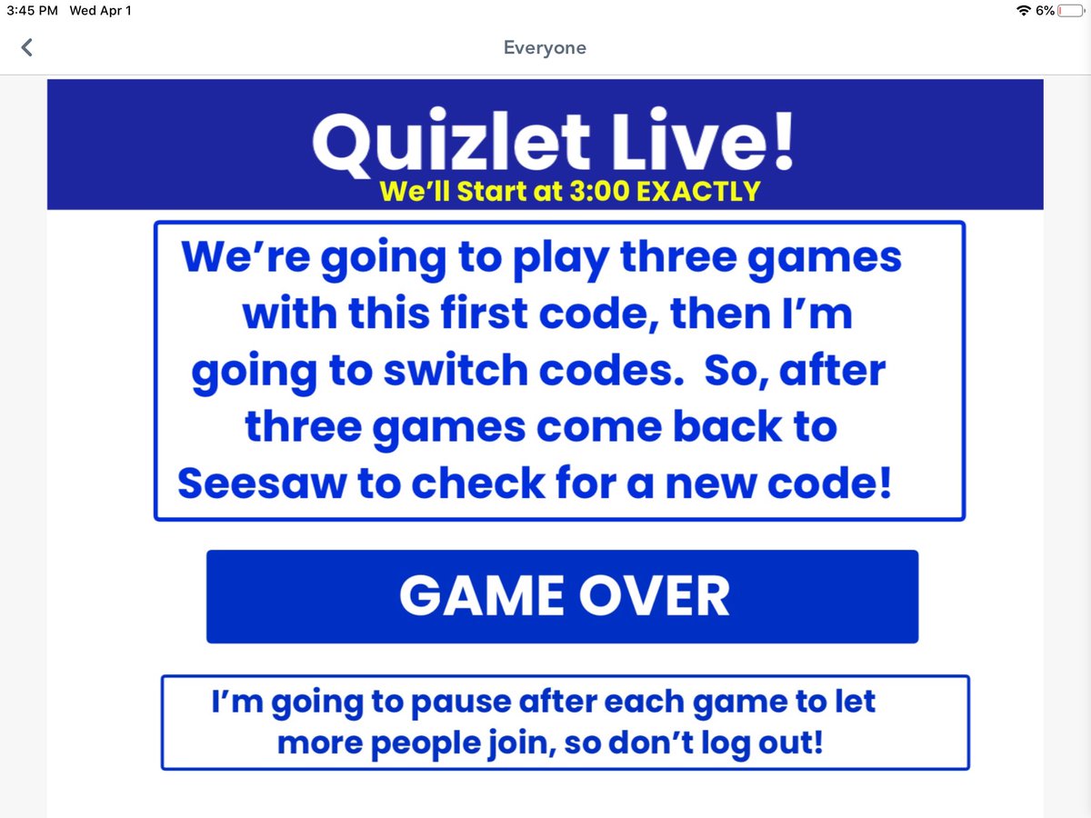 bmatheison's tweet photo. My Ss LOVE #quizletlive so we did one today during distance learning as a way to connect. It was awesome! I posted the join code through our @Seesaw dashboard and the rest went down without a hitch. Thanks @quizlet for making this awesome tool! #stayingconnected https://t.co/VwjLyJinzF