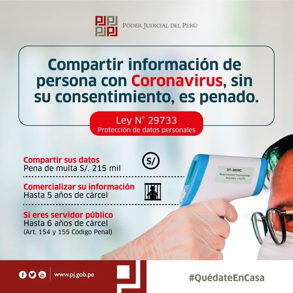 Poder_Judicial_'s tweet image. Si revelas su nombre, fotos, videos, dirección o historia clínica, sin su consentimiento, en redes sociales u otros medios, #CometesInfracción y podrías ser denunciado y multado. Además, si comercializas su información privada #CometesDelito y puedes ser sancionado con cárcel.
