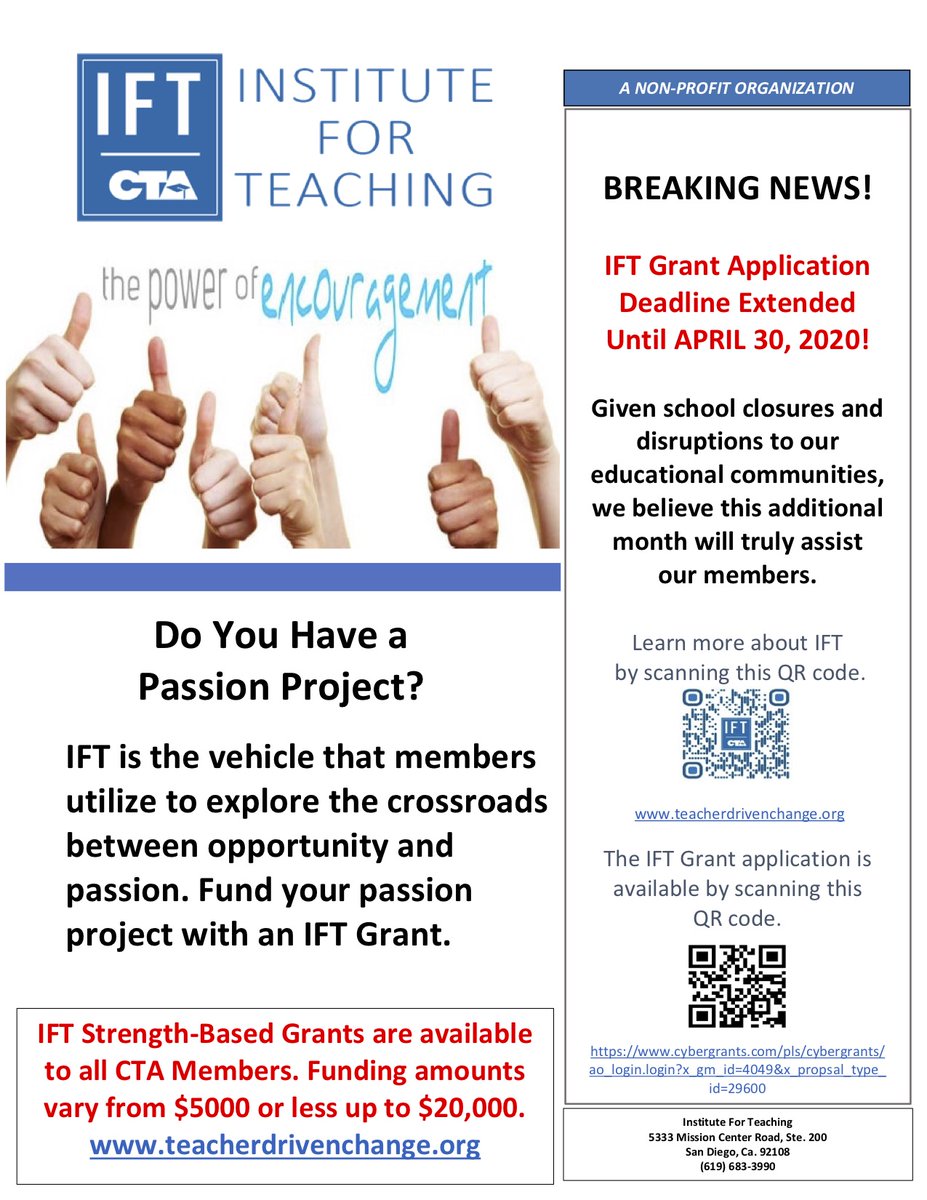 ilceducators's tweet photo. Do you have a passion project? @WeAreCTA has extended the Institute for Teaching (IFT) Grant application deadline until April 30, 2020! Apply now to fund your passion project. #ILCeducators #teachergrants #CTAIFT https://t.co/kjDhhEcfZw