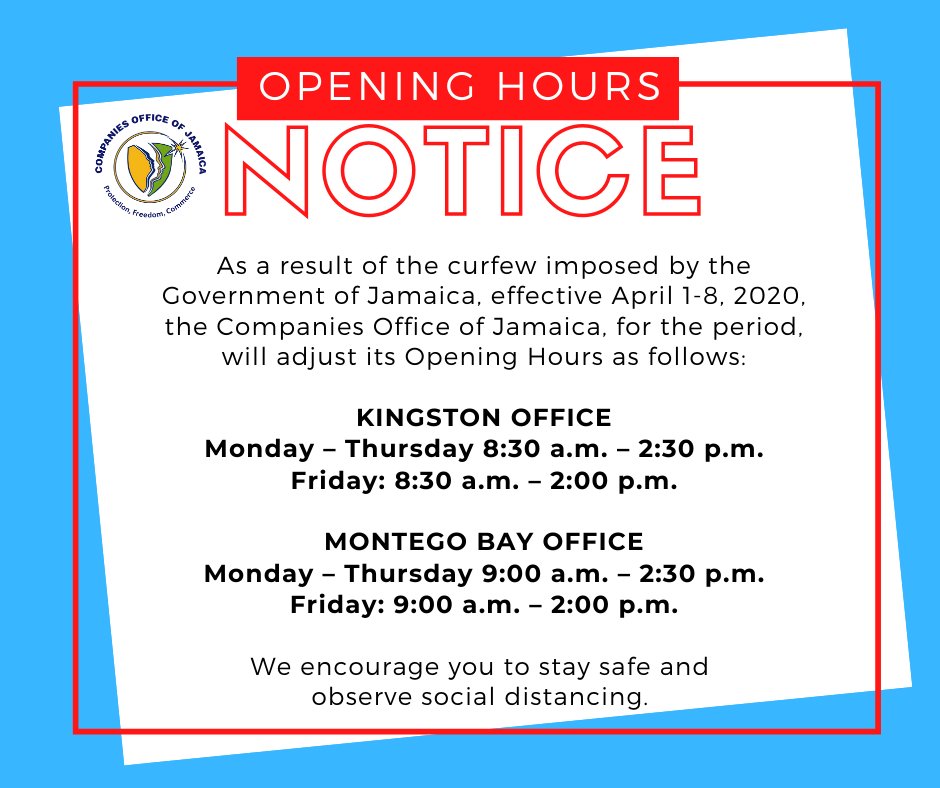 orcjamaica's tweet photo. Please be advised of our revised opening hours during the period of curfew. Be reminded that you can register your business/company online at https://t.co/7oiTCC84sJ
#AvoidTheLine #GoOnline #eBRF
#BeSafe #BusinessRegistration https://t.co/jG6qRdZ2NW