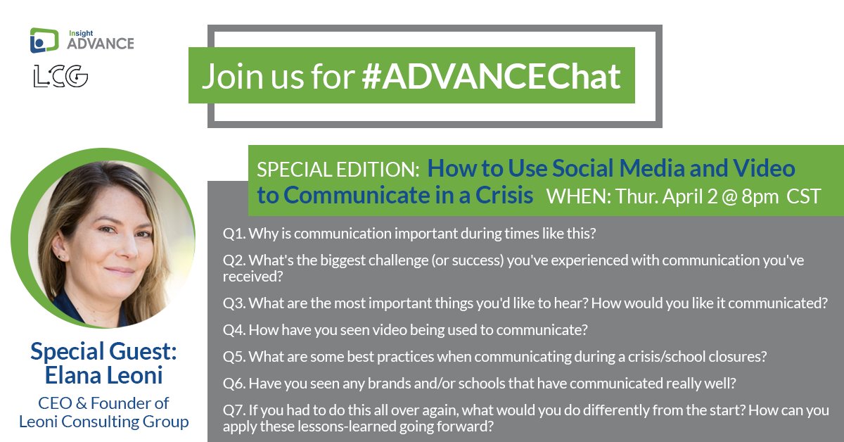 Here's a sneak peek of tomorrow's #ADVANCEChat questions! 

Join us for our special edition with guest contributor <a href="/elanaleoni/">Elana D. Leoni 🌟 Social + Content for EDU 📚</a>. We will be discussing how social media and video can help us communicate in a crisis. 

#EduCoach #virtualcoaching #SuptChat #EdChat