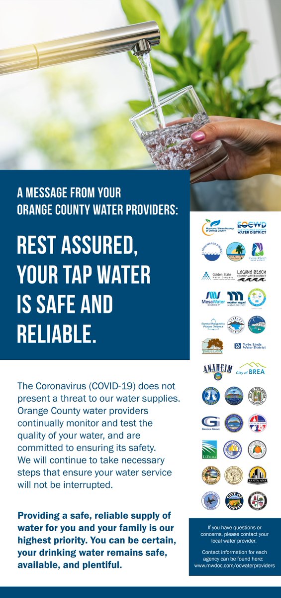 TCWDWater's tweet photo. TCWD, along with @MWDOC & our family of Orange County water providers, want you to rest assured that your tap water is safe, reliable, & plentiful in supply during these challenging times. #SafeCleanReliable #OCisWaterSmart #TrabucoCanyon https://t.co/Tlu5yxKIMe