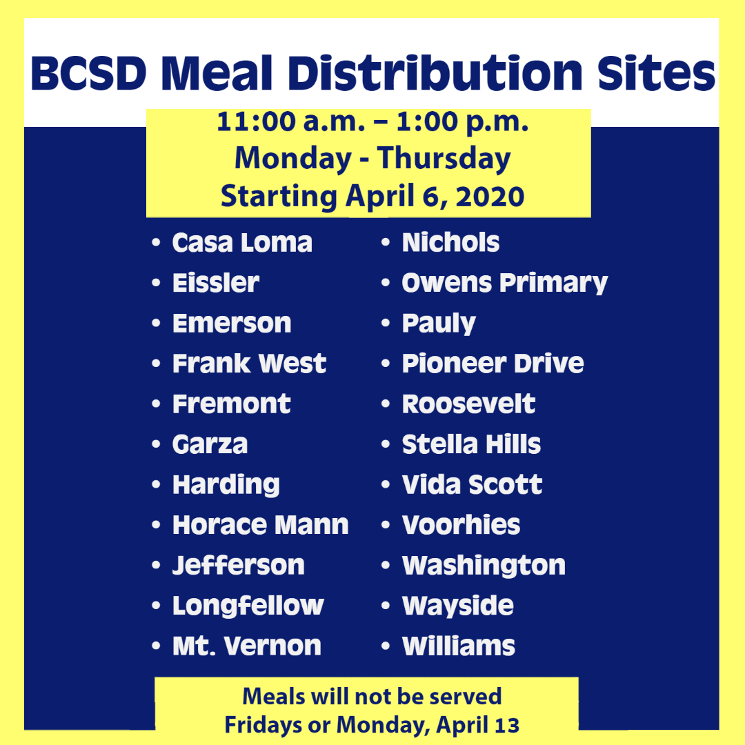 MEAL DISTRIBUTION UPDATE: To help relieve stress on our nutrition teams, beginning Monday, April 6, BCSD will reduce the number of sites offering meals to students.  Students should go to the nearest BCSD school for nutrition. Please see the below for more information. #TeamBCSD