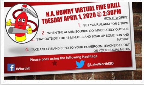 DrBurns5's tweet photo. We love our kids &amp; strive to ensure they are always safe. Today we hosted our N.A. Howry Intermediate School monthly Fire Drill-Virtually! @LakeWorthISD https://t.co/WT1EFLaF8h
