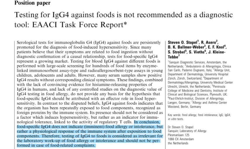 PenInkPaper1's tweet photo. @LifelabTesting @TrustedShopsUK IgG4 does not indicate food allergy / intolerance, but rather a physiological response of the immune system after exposure to food. IgG testing is irrelevant for the assessment of food allergy / intolerance &amp; should not be used for food-related complaints. https://t.co/6QkDOFyMcu https://t.co/mq8DO90eum
