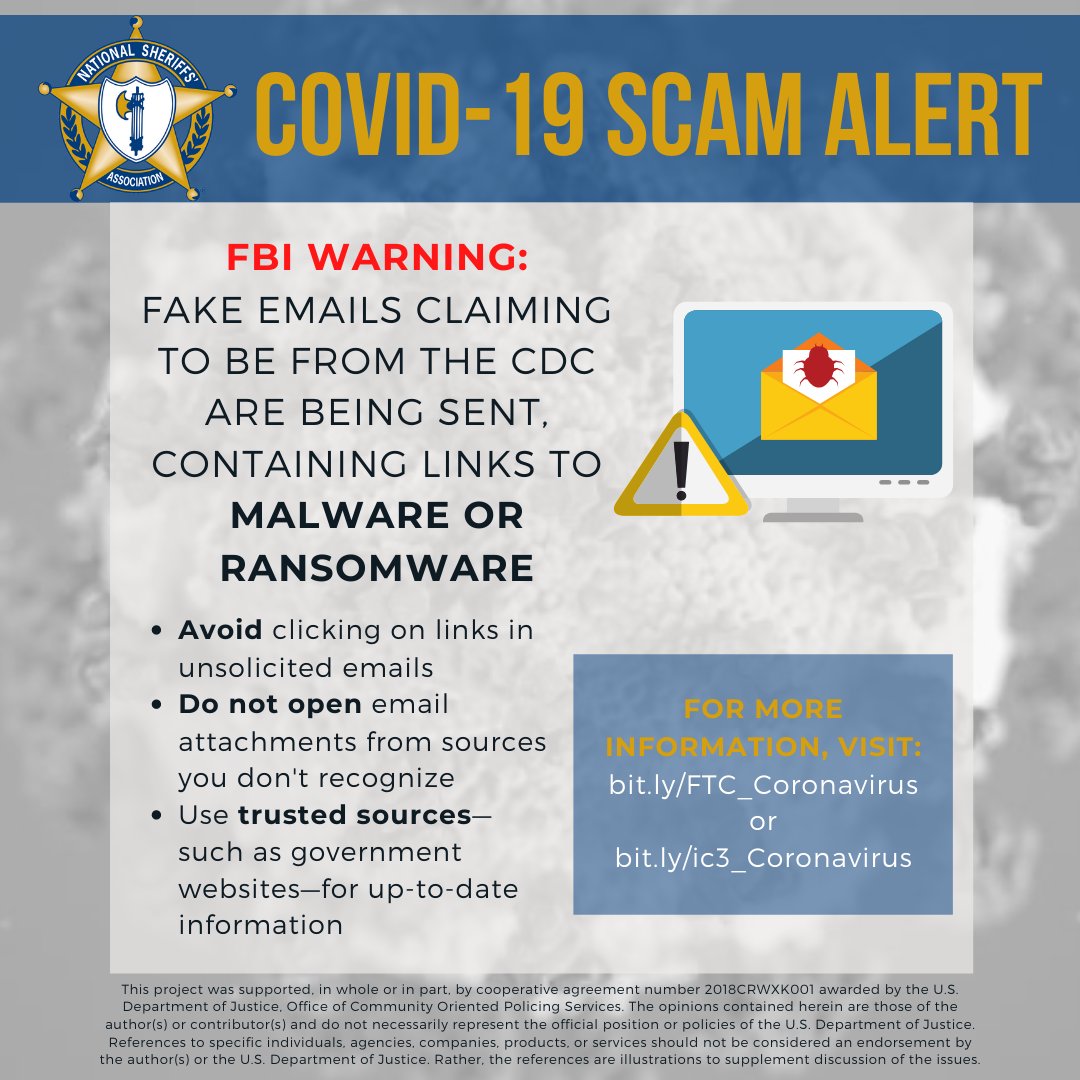 #COVID19 SCAM ALERT: 

Emails have been circulating purporting to be from the <a href="/CDCgov/">CDC</a> - do not click links in unsolicited emails. 

For the most up-to-date info on the #coronavirus, visit the CDC's site at cdc.gov/coronavirus/