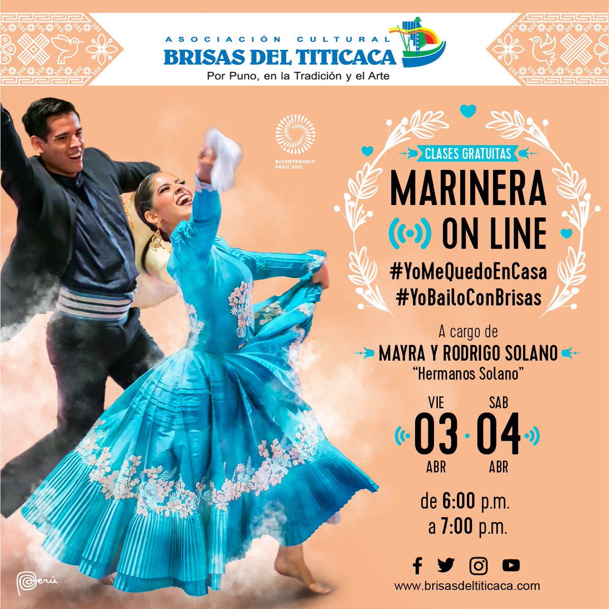 💙¡Por que tu lo pediste!💙
#ClasesOnLine GRATUITAS de #Marinera😱
🗓 viernes 3 (básico) y sábado 4 de abril (Intermedio)
🕕de 6:00 p.m. 🕖a 7:00 p.m.
👉Dirigidas a toda la familia.👨‍👩‍👧‍👦🥰
🔴Transmisión vía Facebook Live
#YoMeQuedoEnCasa #YoBailoConBrisas #BrisasDelTiticaca