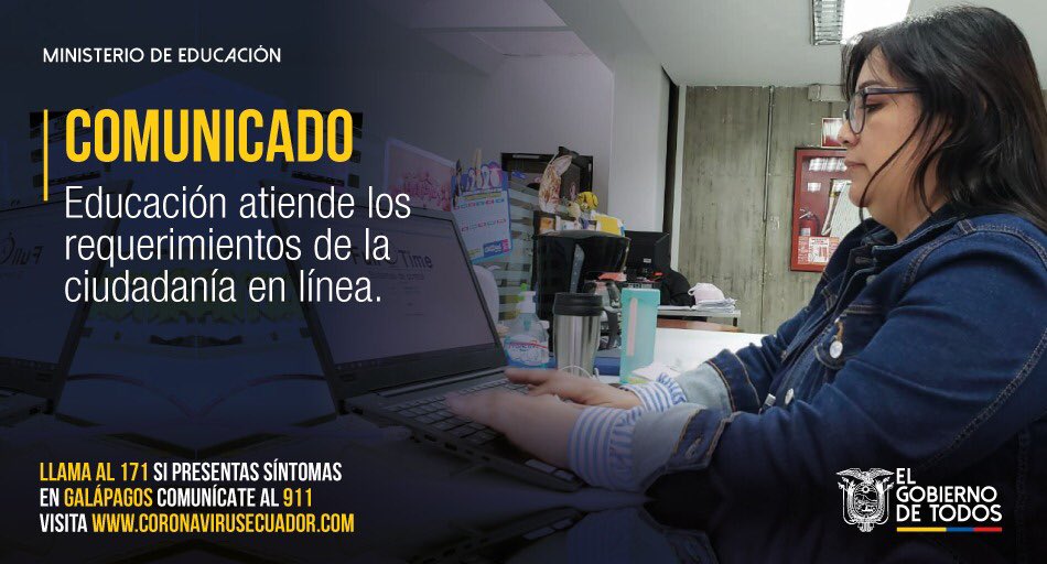 Educacion_Ec's tweet photo. [BOLETÍN] Con la finalidad de garantizar la atención a la ciudadanía en la emergencia sanitaria, se reforzó el servicio de trámites en línea, ofreciendo asesoría a la comunidad educativa a través de diferentes canales. #PlanEducativo #QuédateEnCasa ➡ https://t.co/ZyC10H224v https://t.co/p6WpnpA4wo