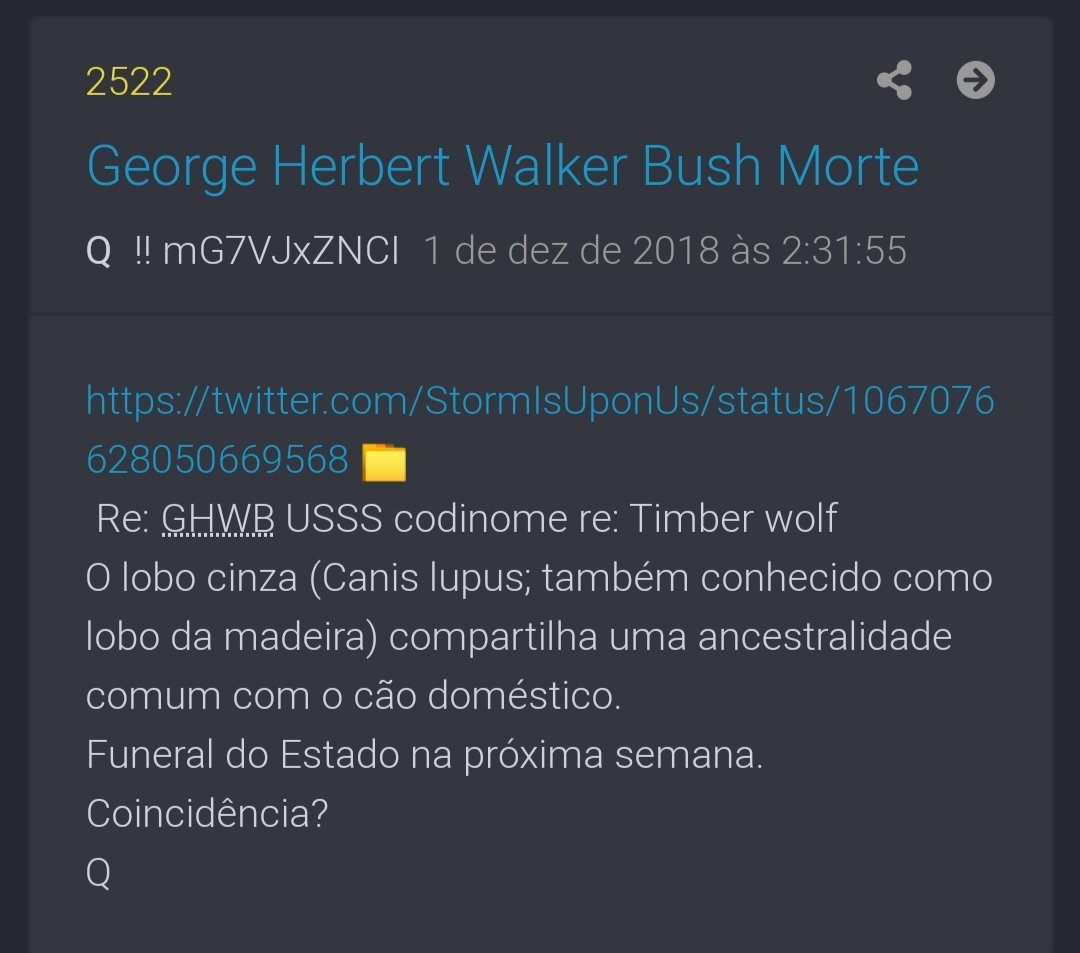 7)Aqui vemos Q divulgando o link de Joe M que foi o Anon que descobriu a msg codificada de J. Comey para a "grande família" do Deep State" comunicando a morte de Bush Pai(J.Comey é aquele ex diretor do FBI que está envolvido no falso dossiê da Rússia. https://twitter.com/StormIsUp... class= 7)Aqui vemos Q divulgando o link de Joe M que foi o Anon que descobriu a msg codificada de J. Comey para a "grande família" do Deep State" comunicando a morte de Bush Pai(J.Comey é aquele ex diretor do FBI que está envolvido no falso dossiê da Rússia. https://twitter.com/StormIsUp... class=