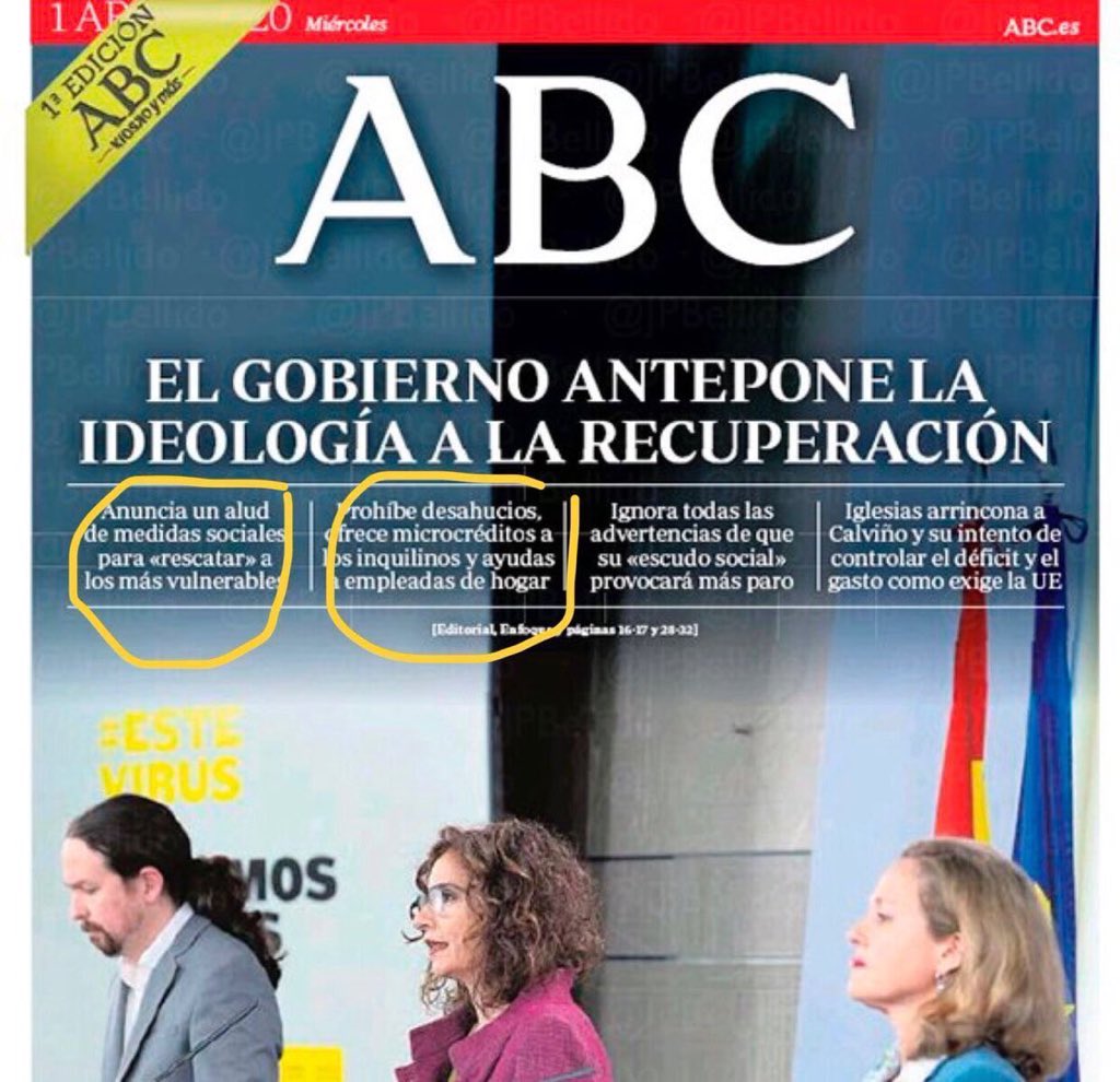 Dice la derecha que prohibir desahucios, aprobar medidas sociales y proteger a la clase trabajadora es contrario a la “recuperación”. Pero la pregunta obvia es: ¿la recuperación de quién? ¿En nombre de quién habla esta portada?