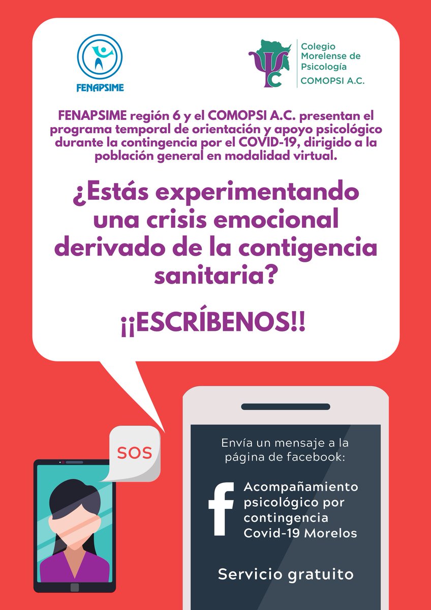 comopsiac's tweet photo. Debido a la pandemia FENAPSIME y COMOPSI ofertan el programa temporal de orientación y apoyo psicológico de emergencia para las personas que requieran la atención durante este periodo de cuarentena.
#COMOPSI #FENAPSIME #SaludMentalVsCovid19 #COVID19 #COVID19mx https://t.co/56IKgxS9ru
