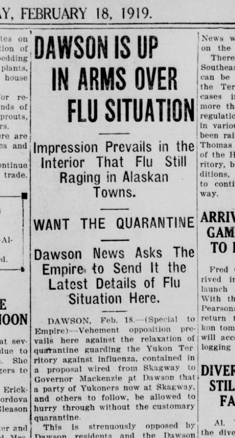  #akleg Earlier today  @dimond_chris posted a bunch of 1918 newspaper clippings. It was amazing to see how similar that experience was. Masks, quarantine, social distancing, business closures, fears for the economy, bored kids. Here's a ton more:  https://chroniclingamerica.loc.gov/search/pages/results/?state=Alaska&date1=1918&date2=1920&proxtext=flu&x=19&y=17&dateFilterType=yearRange&rows=20&searchType=basic