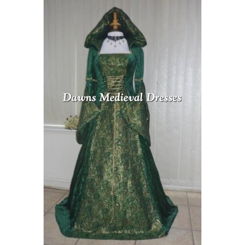 Confused, she shook her head and quickly got changed. The fabric felt exquisite and was form fitting without being constricting. She also liked the hood.(Here’s the dress, and the link  https://dawnsmedievaldresses.co.uk/celtic-medieval-pagan-hooded-handfasting-wedding-dress-green-p-1044.html)