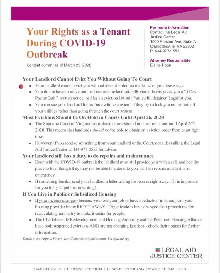 MPayneCville's tweet photo. Are you or someone you know facing eviction?

Know your legal rights as a tenant. The Virginia State Supreme Court declared a judicial emergency that suspended all new non-emergency eviction proceedings. https://t.co/w5D27ivbyt