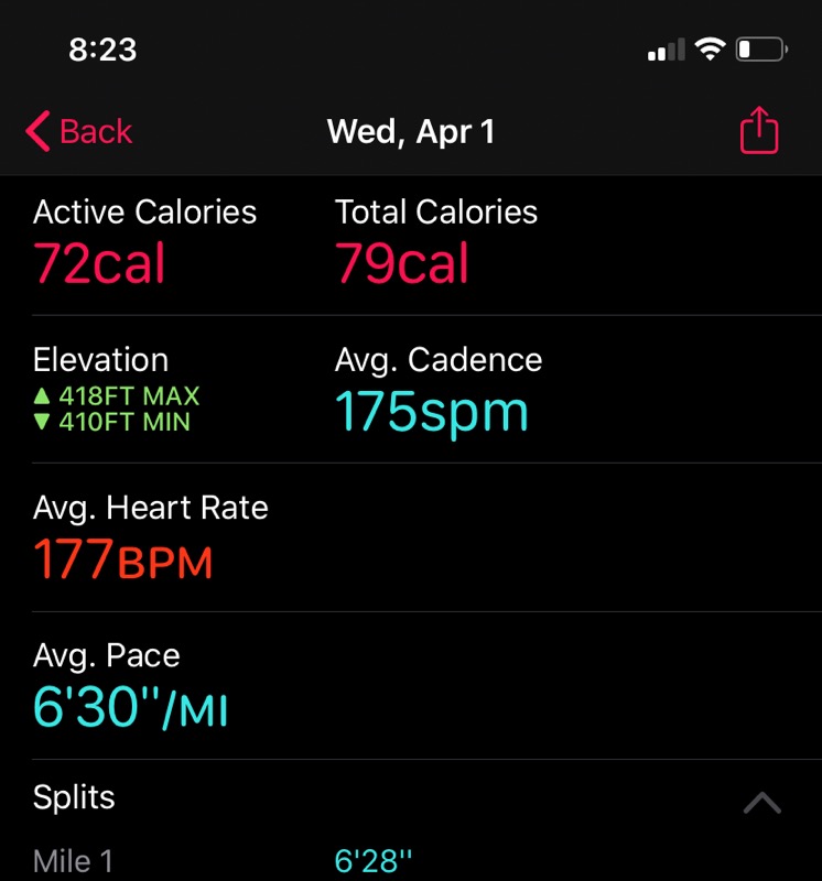 Lauren is socially distancing herself with 4x1 mile repeats with 2 to 3 min break in between. Goal was to keep between 6:30 to 6:40. #shesnotgivingup