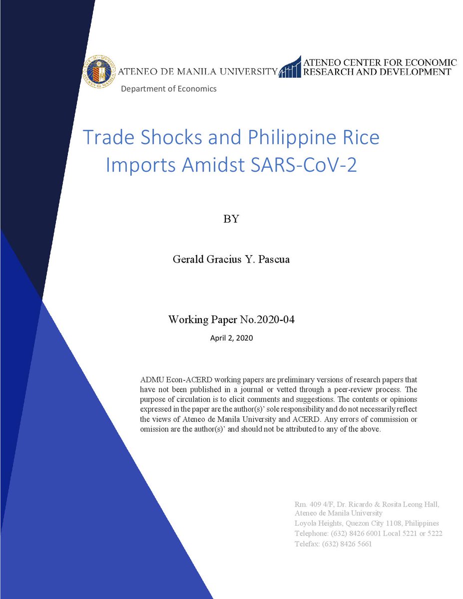 Working Paper No. 2020-04
Trade Shocks and Philippine Rice
Imports Amidst SARS-CoV-2
Gerald Gracius Y. Pascua

You may download the paper at  ateneo.edu/sites/default/…