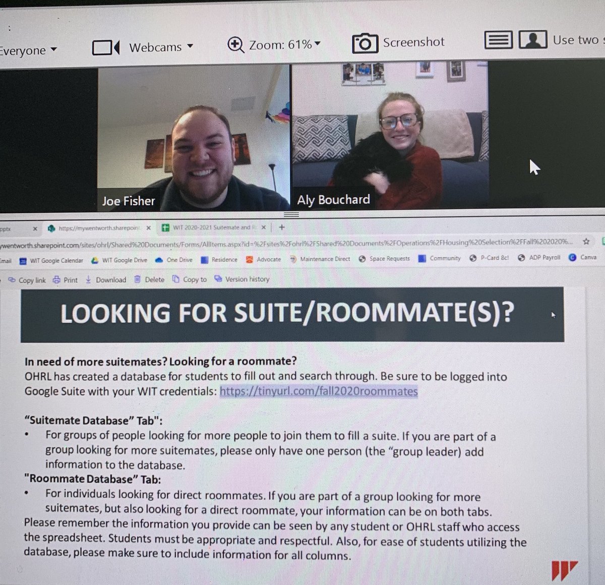 KaraCurcio's tweet photo. Housing Super Star RDs Aly Bouchard and ⁦@FisherJR1⁩ are talking about housing selection and roommate matching! #Housingsquad @witlife https://t.co/4ZesNNw5m3