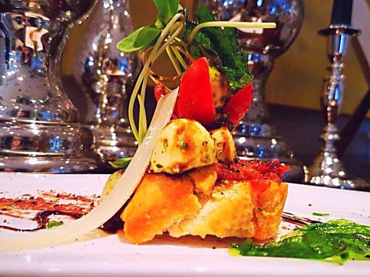 Bruchetta Caprese... Bocconcini, roasted Tomato, Sweet Basil Pesto, Balsamico &amp; Parmesan.