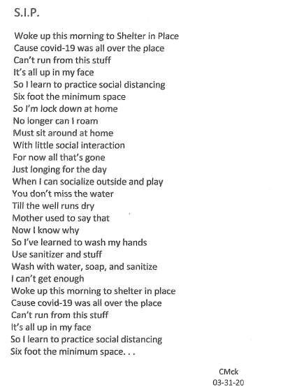 SamHouseTC's tweet photo. Our resident poet, Charles, shares a poem with our friends during this challenging time ❤️

#WeAreInThisTogether
#SamHouseIsHome https://t.co/JIj3PC5tbV