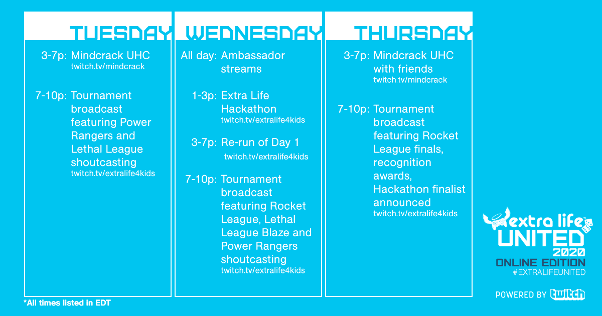 ExtraLife4Kids's tweet photo. #ExtraLifeUnited: Online Edition is next week! Here are some links to help you have the BEST experience.

Start: https://t.co/X5ecmmmgum
Register for tournament games: https://t.co/JfiAMQqGdz
Join us on @DiscordApp to stay in the loop: https://t.co/diOAhVcGhz

Who's excited? https://t.co/CBS8EfctvT
