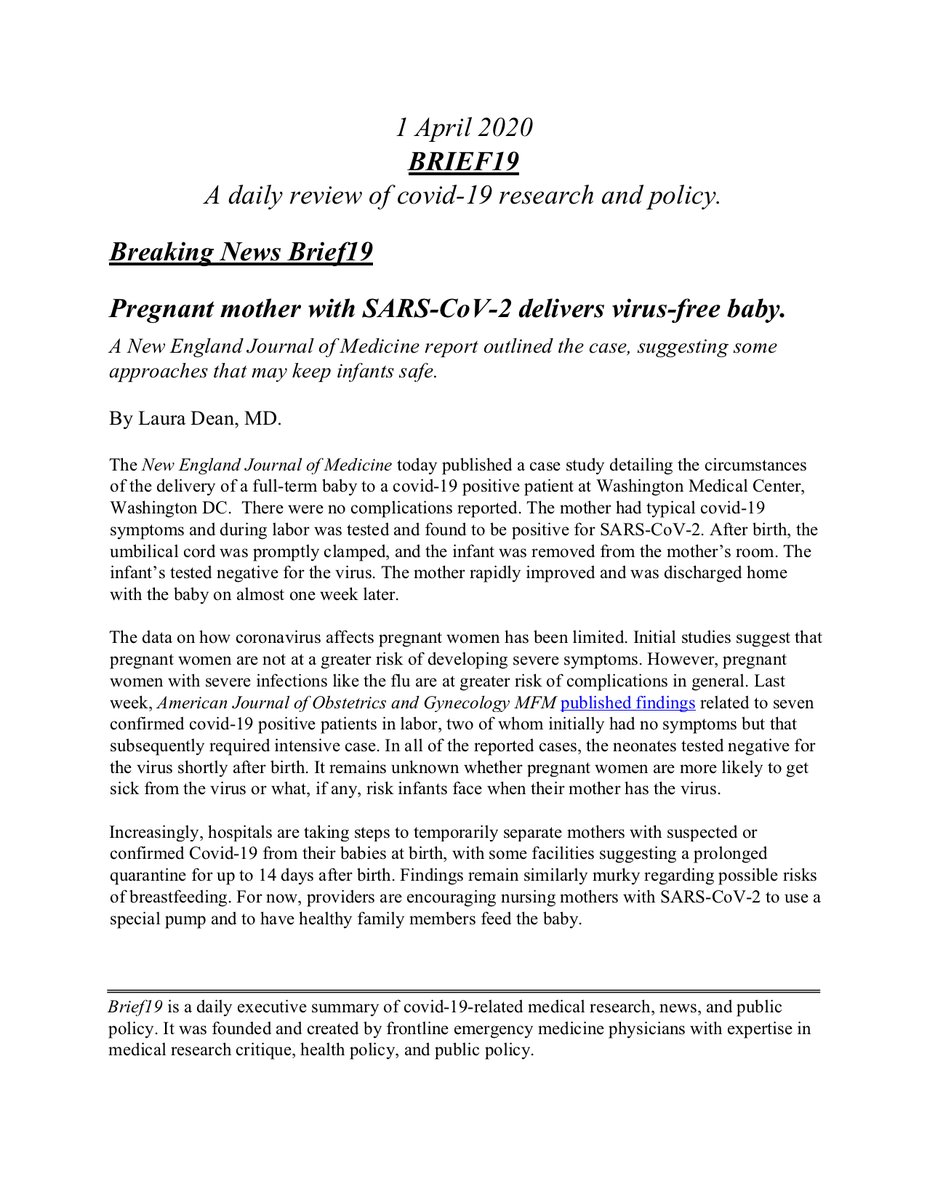 Brief_19's tweet photo. ***BREAKING NEWS***

A new report from the @NEJM describes the delivery of a newborn to a mother with SARS-CoV-2. 

The infant is virus-free, the mother is well, and the delivery occurred without complication. 

Finally some good #covid19 news!

By Laura Dean MD @EMRES_MGHBWH https://t.co/xbl1WRQDRs