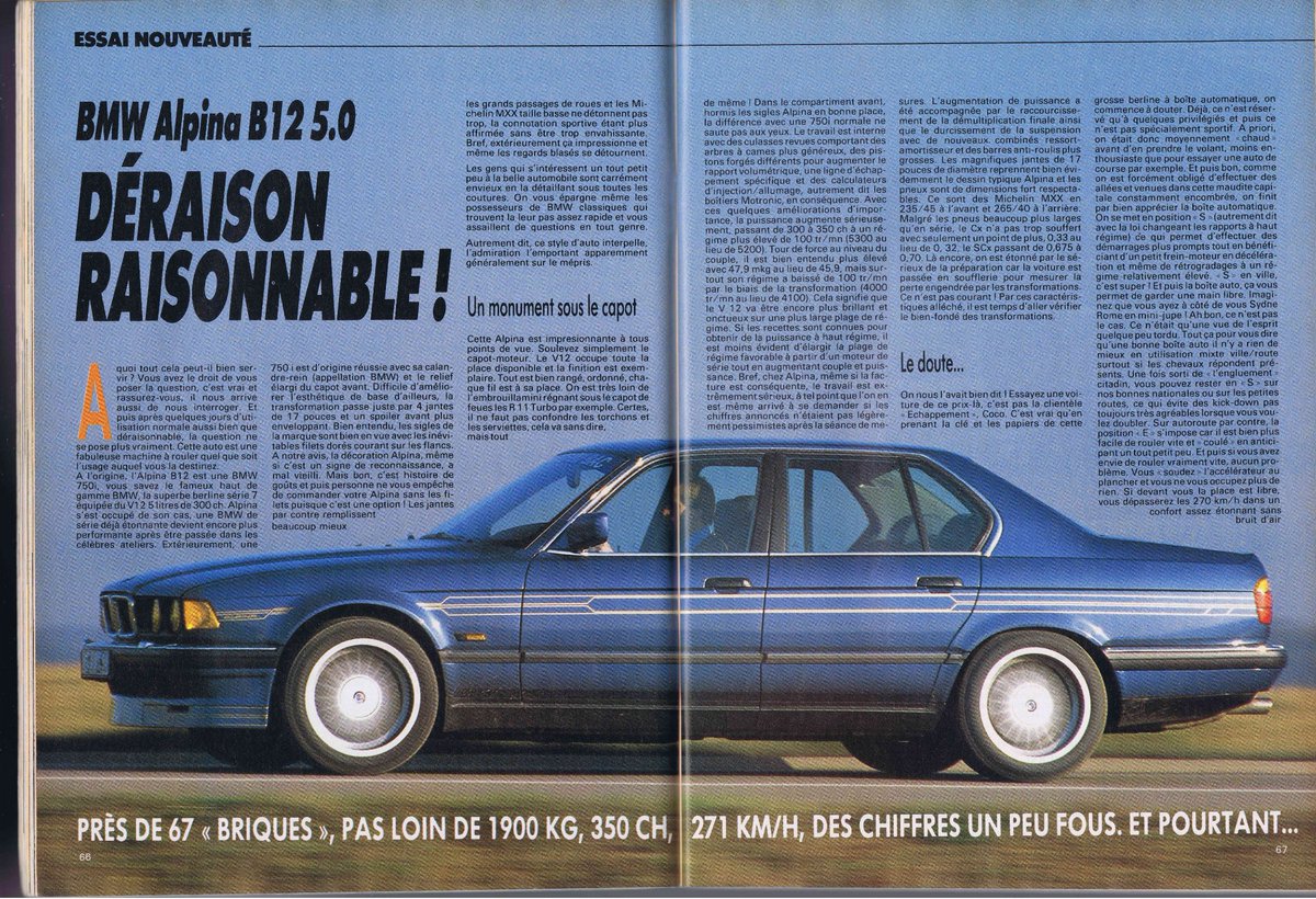 AyerCars's tweet photo. #Hace30años en Echappement de abril/1990: prueba del Alpina B12 5.0 (berlina sobre la Serie 7 E32) ("Razón razonable") https://t.co/RSiNskOcrp