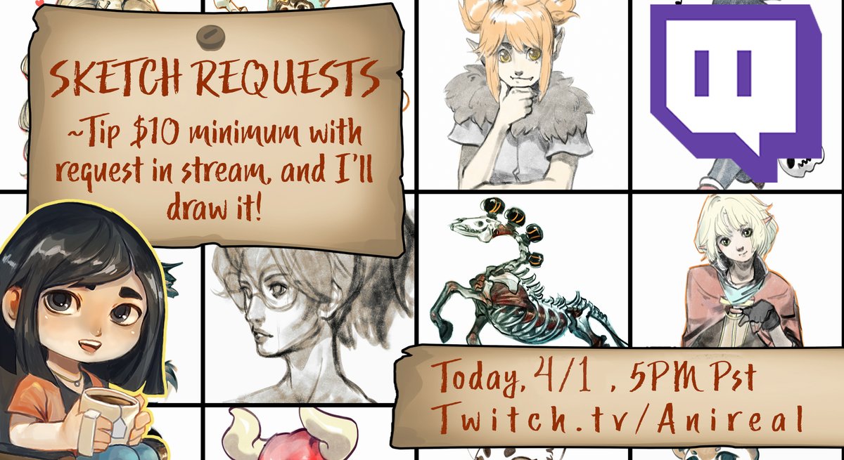 ?Doing another Sketch Request stream today (4/1) at 5PM pst! If you tip $10+ with a request, I'll sketch it (I really like creatures, spooky things, and cute stuff)! Join for some art, chatter, tea, and stay-at-home fun~ THIS IS NOT AN APRIL FOOLS!

?https://t.co/RJejAvY9A6 