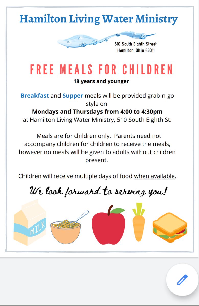 Dinner is being provided on Mondays and Thursdays to all children under 18  at Hamilton Living Water Ministry!!
<a href="/Hamilton_CSD/">Hamilton City School District</a> 
<a href="/Hamilton_RV/">Riverview Elementary</a> 
<a href="/Hamilton_CW/">Crawford Woods Elementary</a>