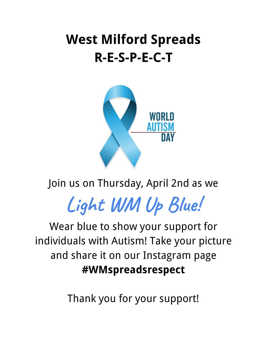 Tomorrow, April 2, is World Autism Awareness Day! Our district is going to Light it Up Blue! If you'd like to participate, please post pictures of your family wearing blue in support here, on facebook and/or on our Instagram page #WMspreadsrespect Thanks for your support!