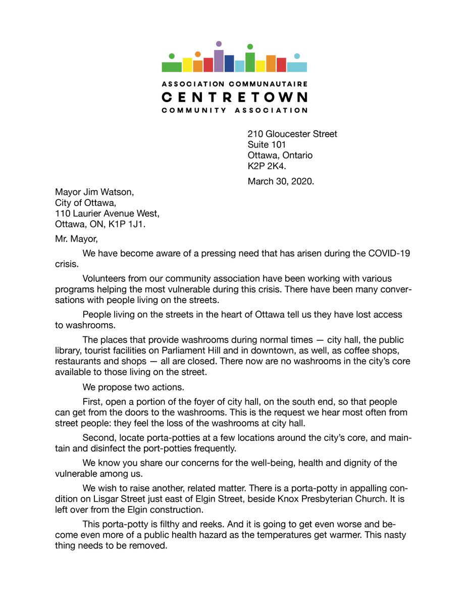 CentretownCCA's tweet photo. Street people have lost access to most washrooms in Centretown because of COVID19 closures. We've written to @JimWatsonOttawa &amp; @cmckenney asking that some washrooms at City Hall be reopened. This is an issue of dignity and public health. https://t.co/fERuJXl0x4