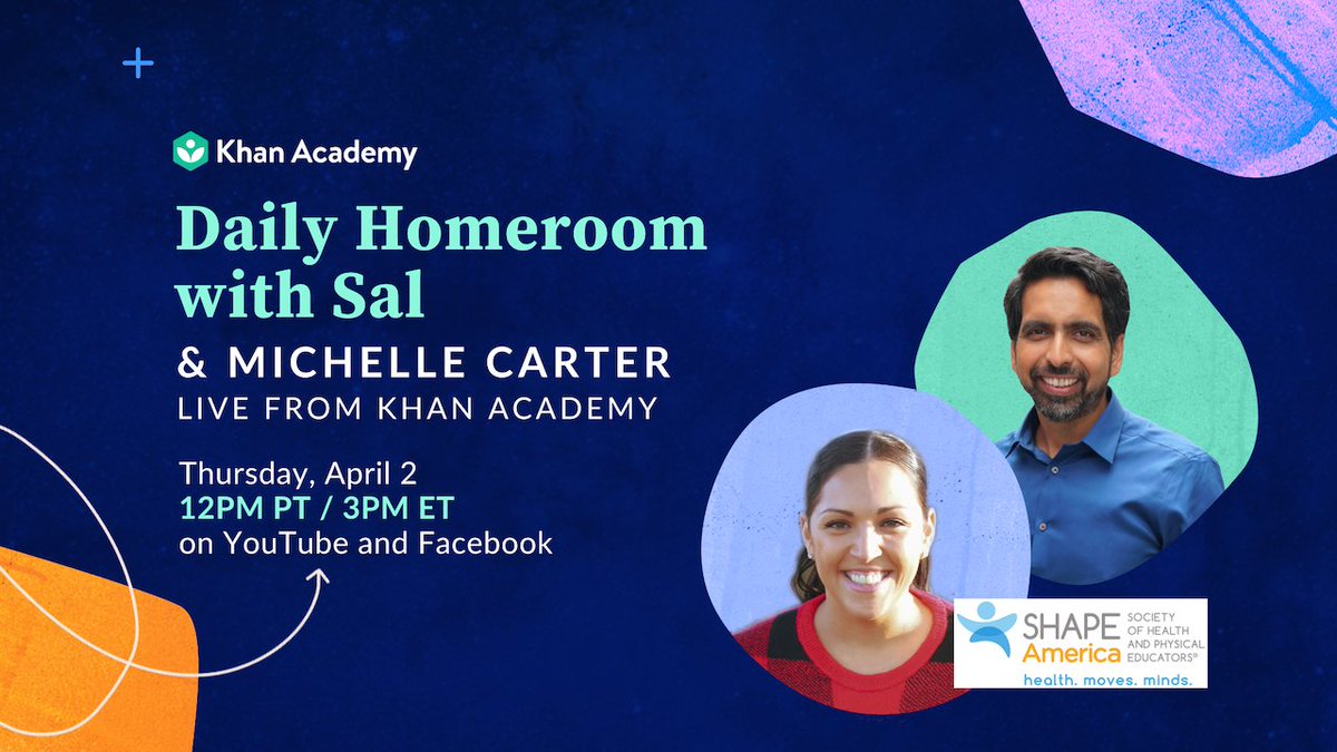 Daily homeroom with Sal and Michelle Carter. Live from Khan Academy. Thursday at 12:00 p.m. P.T. 3 p.m. E.T. on Youtube and Facebook.