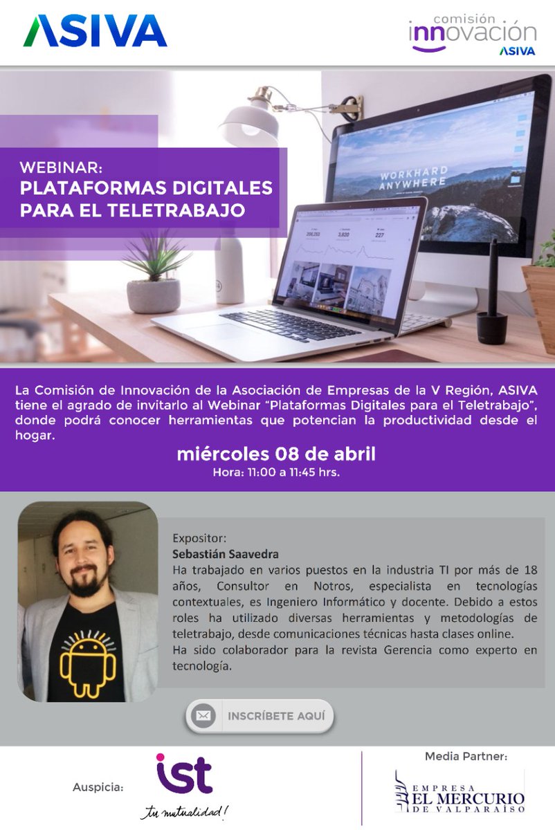 somosasiva's tweet photo. Junto a nuestro socio #Notros, te invitamos a participar del   Webinar: "Plataformas Digitales para el teletrabajo"
Inscripciones: https://t.co/HU7zkEc3l5 https://t.co/9r6QGlibWZ