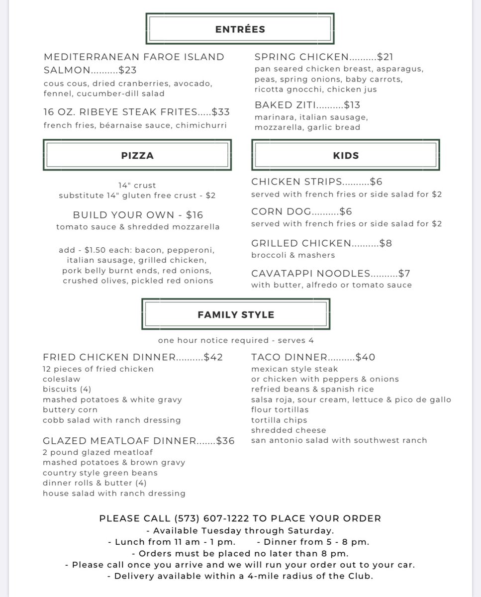 CCofMissouri's tweet photo. What’s for dinner tonight? We’ve added new items and family style dinners to the limited menu, including our popular fried chicken. We also deliver within a 4-mile radius! Check out the menu on our website, https://t.co/YoK4JidANm 🍽 #ccmo #countryclubofmissouri #socialdistancing https://t.co/sWnf0xCOVN