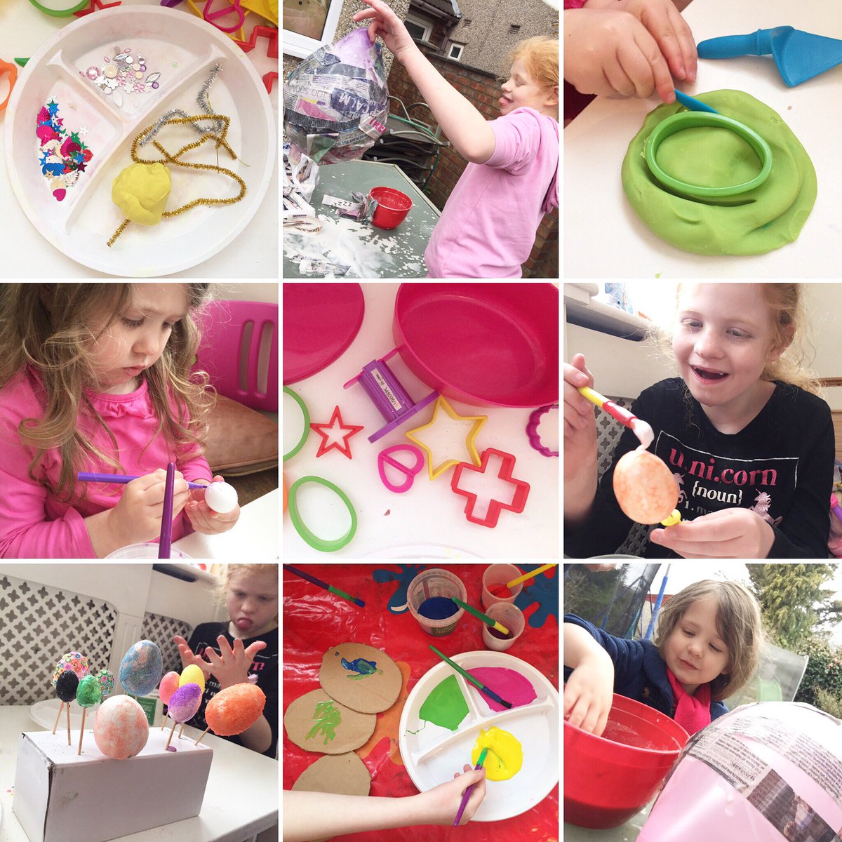 MumofanAngel1's tweet photo. The girls have definitely been keeping me on my toes.  In between the learning and physical activity, we have been crafting away like mad.  Making use of what we have, making something out of nothing. #AngelmanSymdrome #TheLockdownList #PlayAtHomeToday #Homeschool #Easter #Eggs https://t.co/rFL6awGL3u