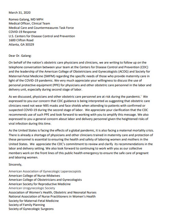ACOGAction's tweet photo. .@ACOG @MySMFM &amp; other leading medical organizations are working with @CDCgov to clarify its recommendations on the use of #PPE for physicians and other obstetric care personnel in the labor and delivery unit. Learn more here: https://t.co/FpjHTDqdVX https://t.co/IL0kzAUagM