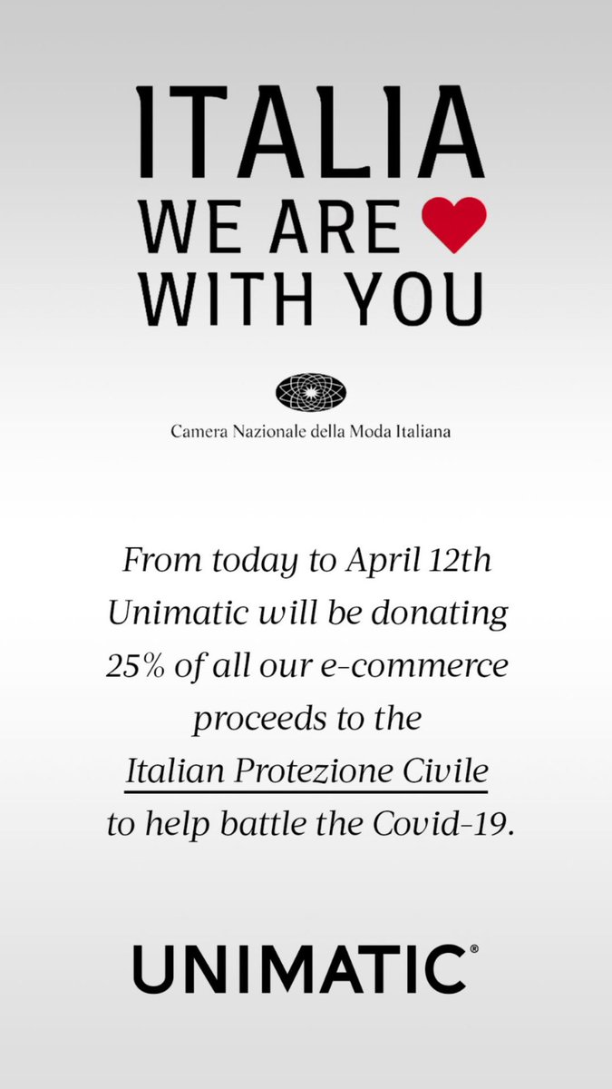 Dear friends and collectors,

From today to the 12th of April, Unimatic will be donating 25% of all our e-commerce proceeds to Italian Protezione Civile to help battle the Covid-19.

unimaticwatches.com