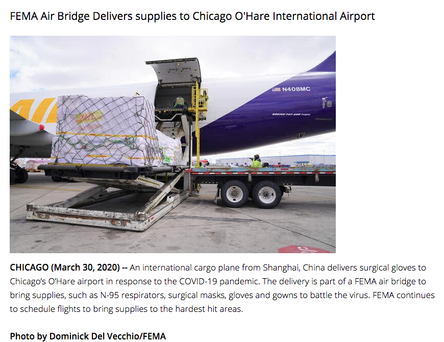 FEMA's 2nd "Air Bridge" flight delivers medical supplies from Shanghai to America's 2nd city- Chicago. The next 20 odd flights will be allocated to hospitals across US based on how quickly they run out of N-95 respirators, surgical masks, gloves and gowns.  https://www.fema.gov/news-release/2020/03/31/photos-whole-america-response-covid-19