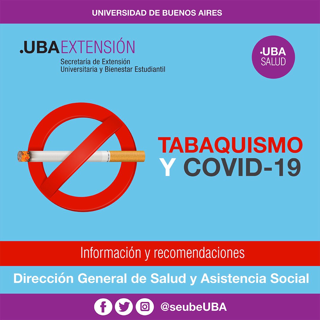 seubeuba's tweet photo. 🚬 🚭 Desde #UBASalud te compartimos algunas recomendaciones e información sobre tabaquismo y pandemia de Covid-19  ➡️ https://t.co/6lzNejLG9y.

#CuidarteEsCuidarnos
#UBA #UBAExtensión https://t.co/D8JWT6UOG5
