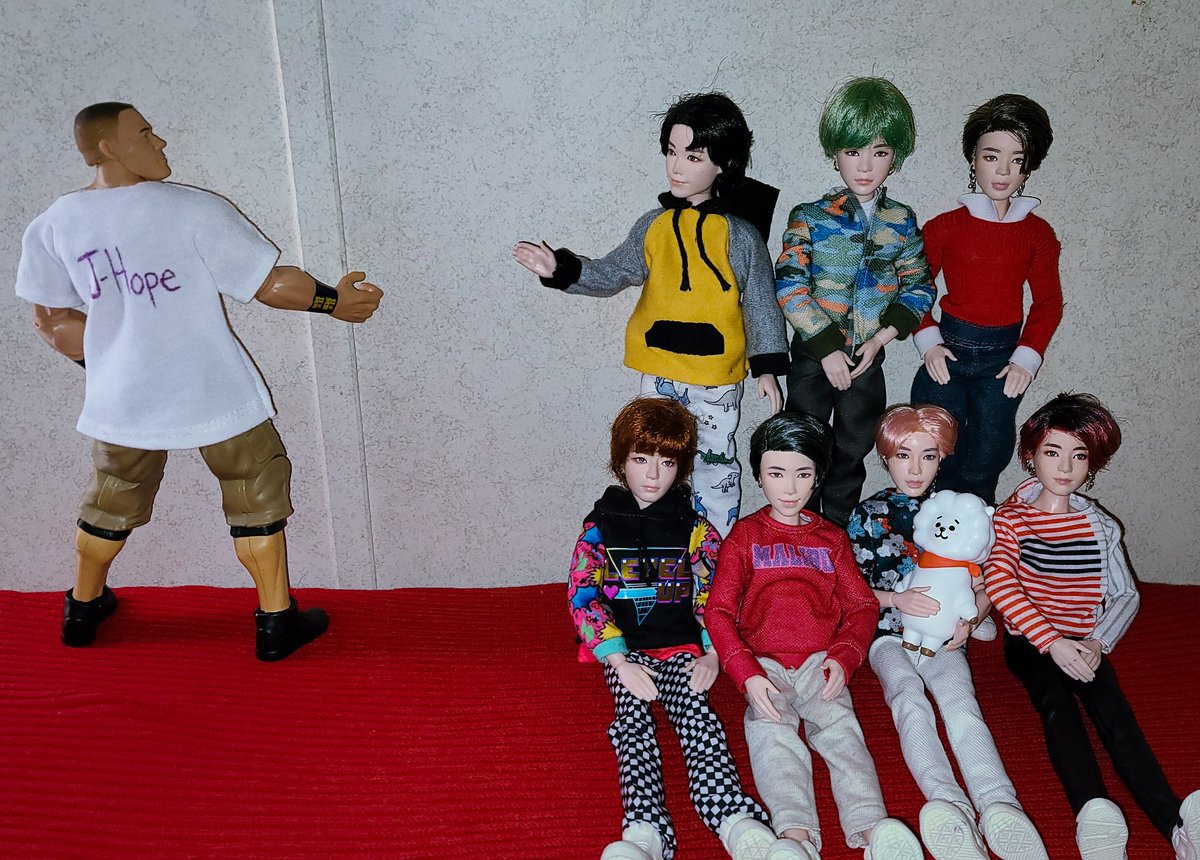 sdbtsdolls's tweet photo. As excited as @BTS_twt and @JohnCena were to meet, they still practiced #SocialDistancing. Be smart like #johncena and #BTS!!
(But then they reminded me they are dolls so I let them hug it out 😉) https://t.co/spJ0Z5Rihd