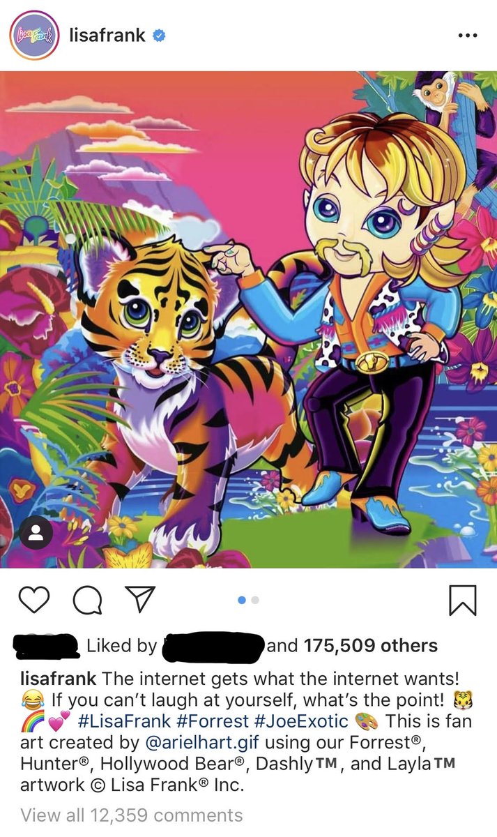 Back to the folk hero thing. Celebrities like  @iamcardib called for his release.  @LisaFrank made a cute illustration of Joe and a tiger, delighting fans and meme accounts. People "STAN the LEGEND Joe Exotic." None of this is surprising—this is what  #TigerKing  's framing created.