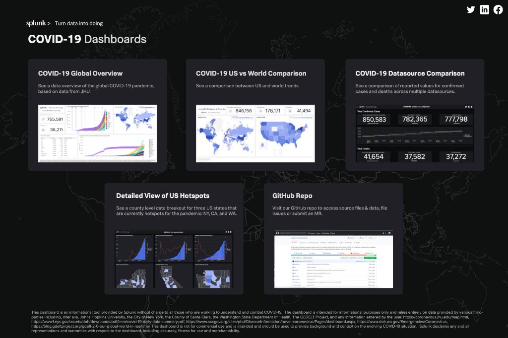 splunk's tweet image. During times of crisis, there’s no doubt that #data and information are essential. Check out our new #COVID19 dashboards for a closer look into the evolving global and U.S. trends: splk.it/3aH8XaQ #SplunkForGood