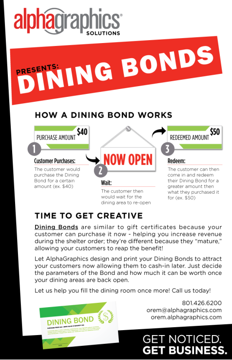 ATTENTION RESTAURANTS: Now is the time to increase cash-flow to help sustain you during this stay-home order. Print up some Dining Bonds to sell to your customers. Contact us today! 
<a href="/alphagraphics/">AlphaGraphics</a>orem
@alphagraphics
#print
#printingservices
#covid19
#restaurantmarketing