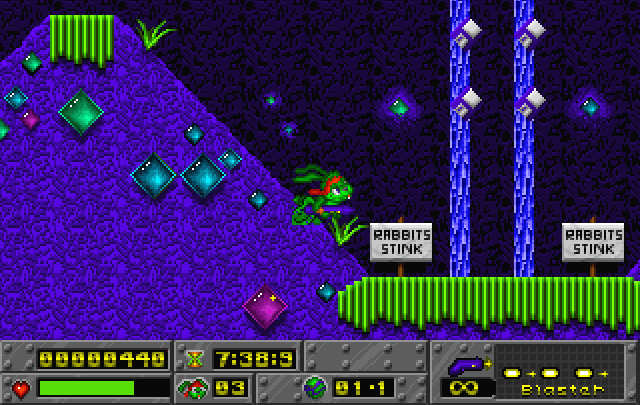The PC's answer to Sonic The Hedgehog, from some little company currently dwindling into obscurity with some "fortnite" thing, Jazz Jackrabbit: https://archive.org/details/msdos_Jazz_Jackrabbit_1994
